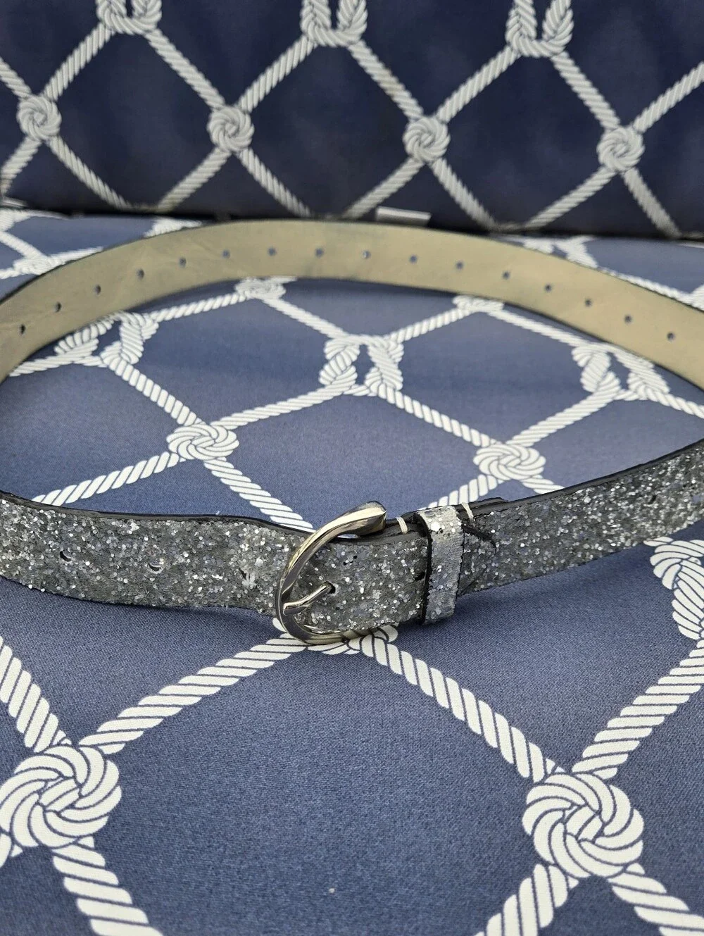 Chunky Metallic Silver Glitter Belt Metal Clasp 1 3/8" Wide x 38" Long Women's S - Picture 2 of 5